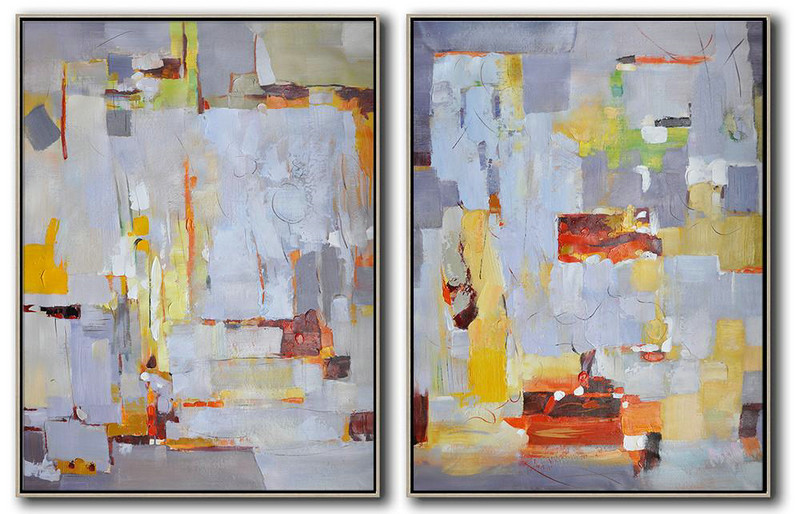 Art Work,Set Of 2 Contemporary Art On Canvas,Abstract Art Decor Large Canvas Painting,Grey,White,Yellow,Red.etc